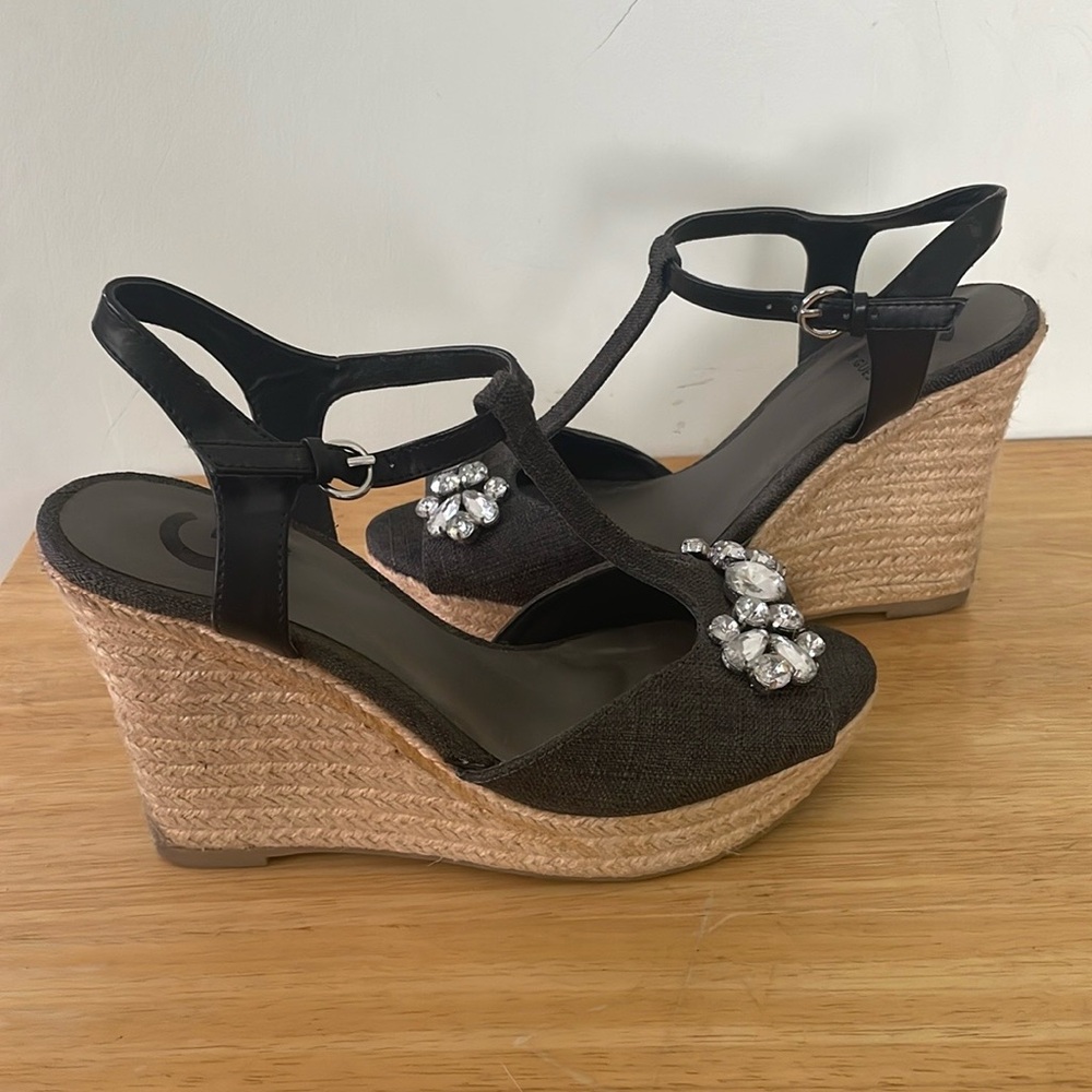 GUESS Espadrille Wedge Platform Sandals Black Woven Fabric Rhinestones, Size 8M